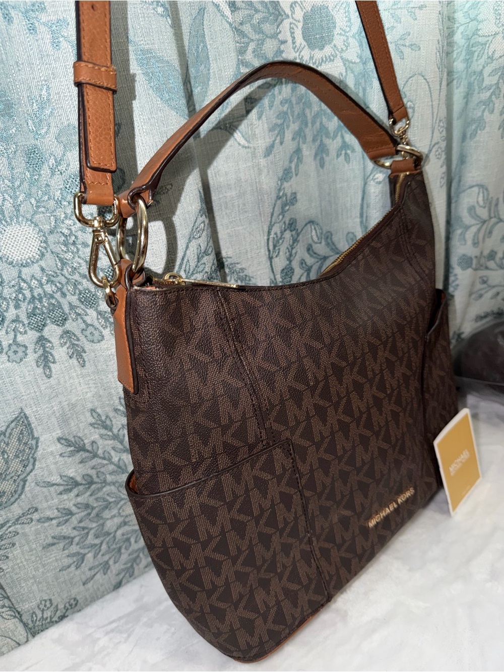 Michael Kors Dark Brown Signature MK Shoulder Bag with Tan Straps